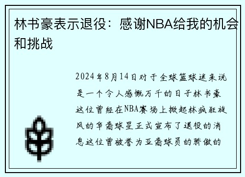 林书豪表示退役：感谢NBA给我的机会和挑战